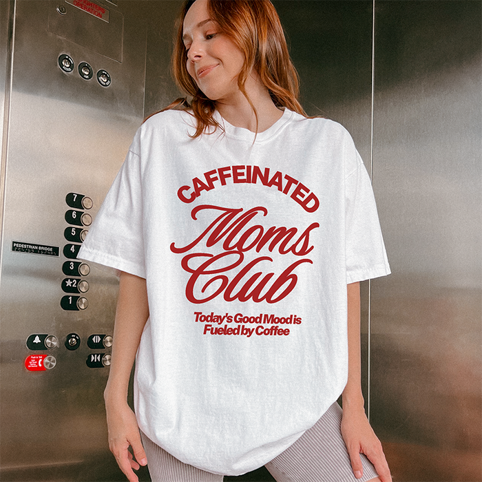 model image of white comfort colors tee — motherhood graphic shirt with relaxed fit
