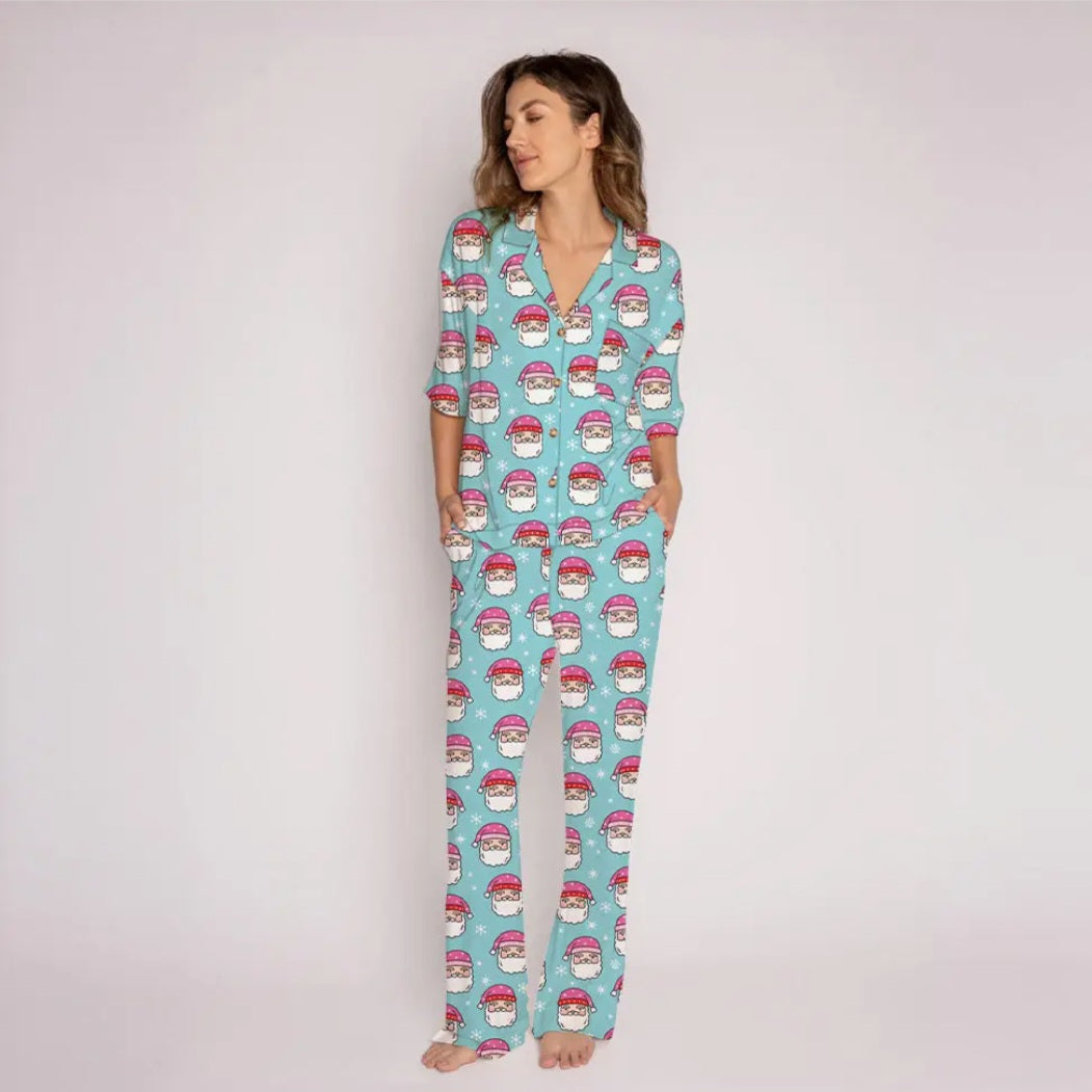 Pink Santa Hats Blue Matching Pajama Set